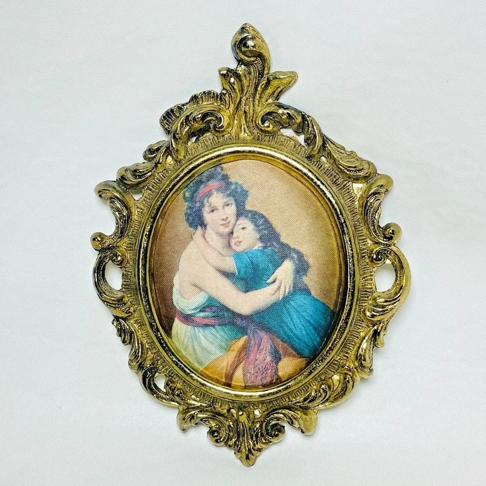 Vintage Mother and Daughter on Silk Padded in Bronze Brass Wall Hanging‎ Frame